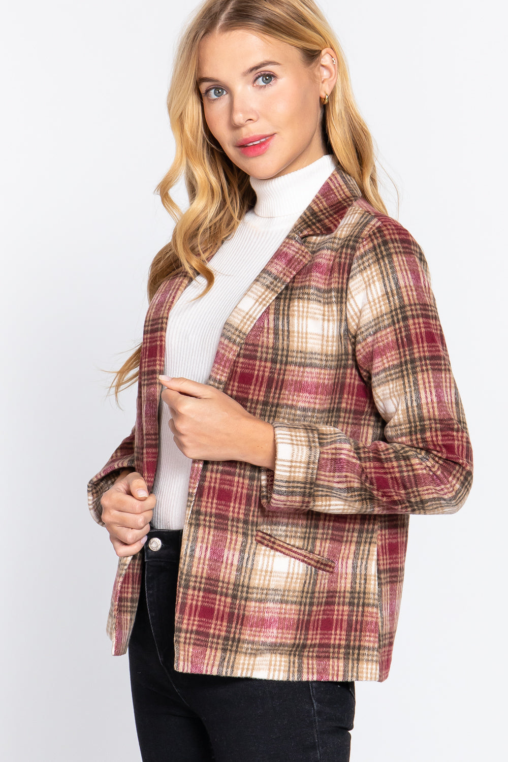 Notched Collar Plaid Jacket Look Up Deals