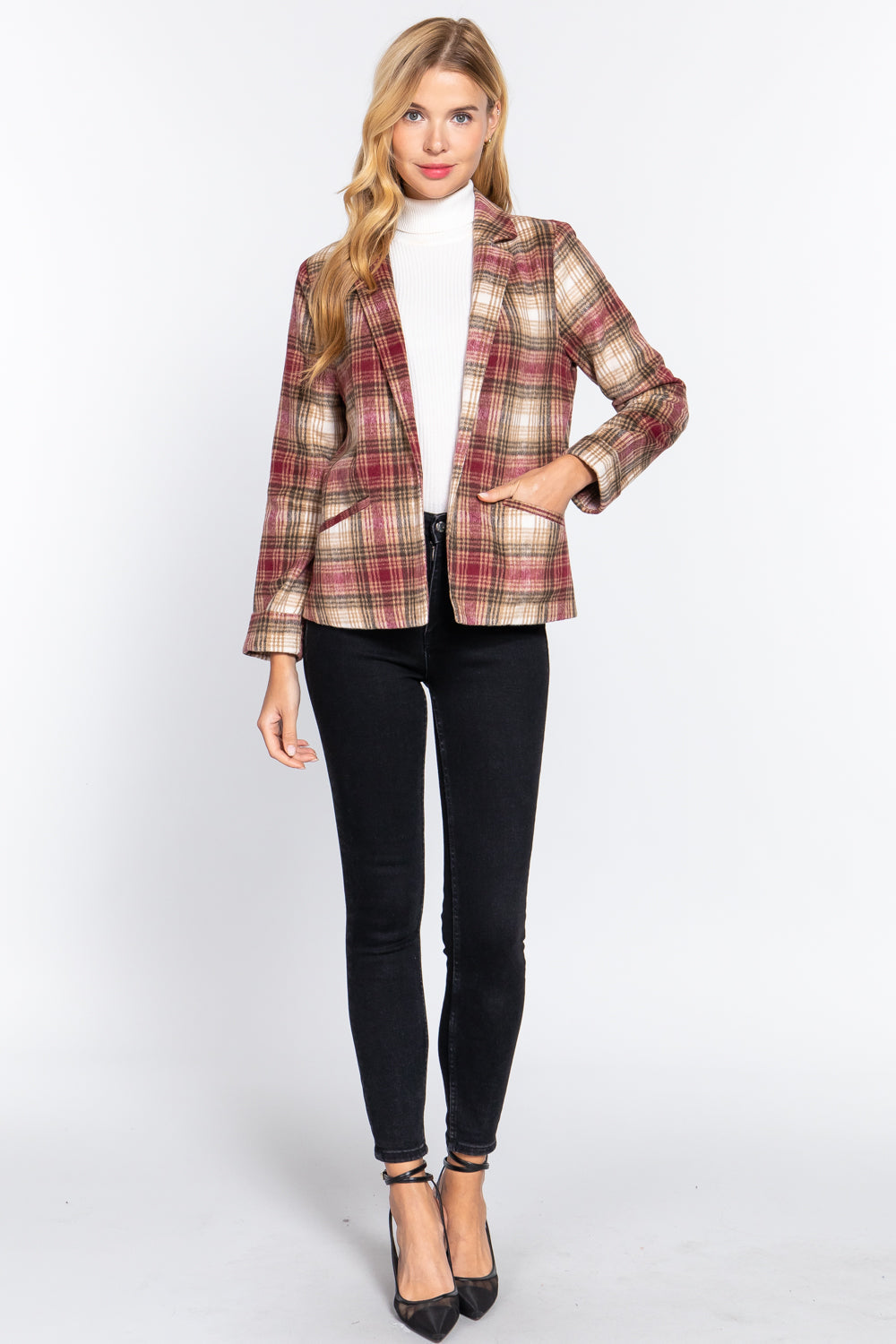 Notched Collar Plaid Jacket Look Up Deals