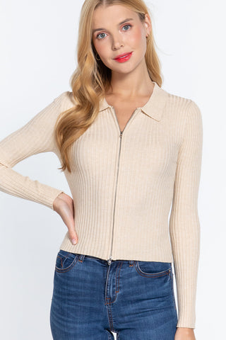 Notched Collar Zippered Sweater Look Up Deals