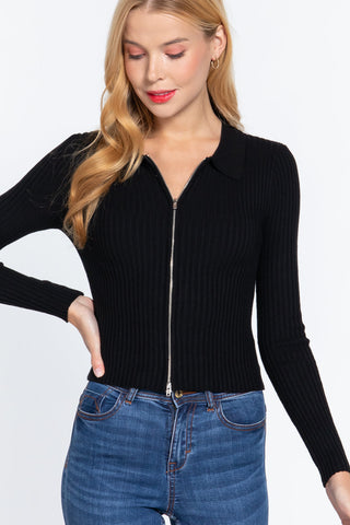 Notched Collar Zippered Sweater Look Up Deals