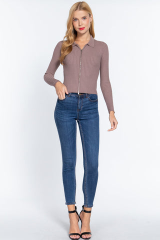 Notched Collar Zippered Sweater Look Up Deals