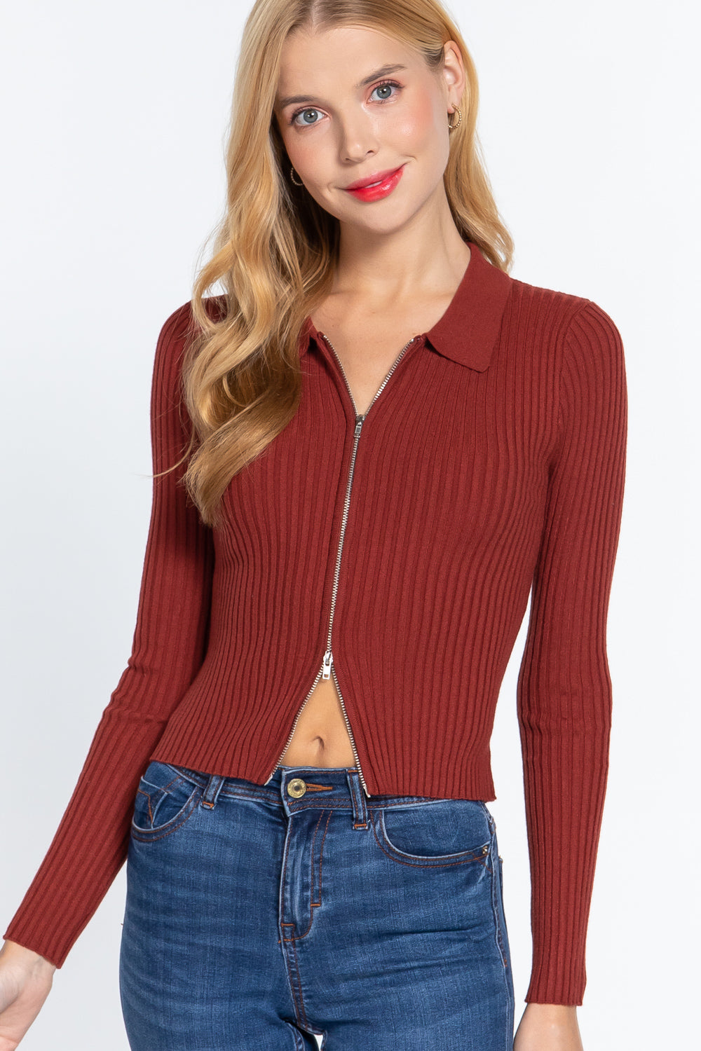 Notched Collar Zippered Sweater Look Up Deals