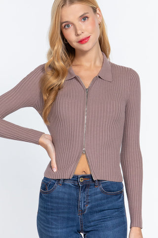 Notched Collar Zippered Sweater Look Up Deals