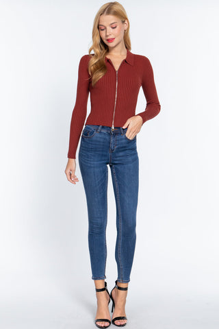 Notched Collar Zippered Sweater Look Up Deals