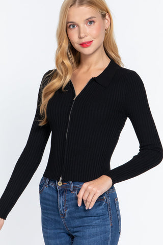 Notched Collar Zippered Sweater Look Up Deals