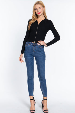 Notched Collar Zippered Sweater Look Up Deals