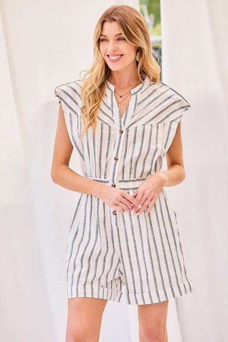 Notched Neck Button Elastic Band Waist Stripe Print Romper Look Up Deals