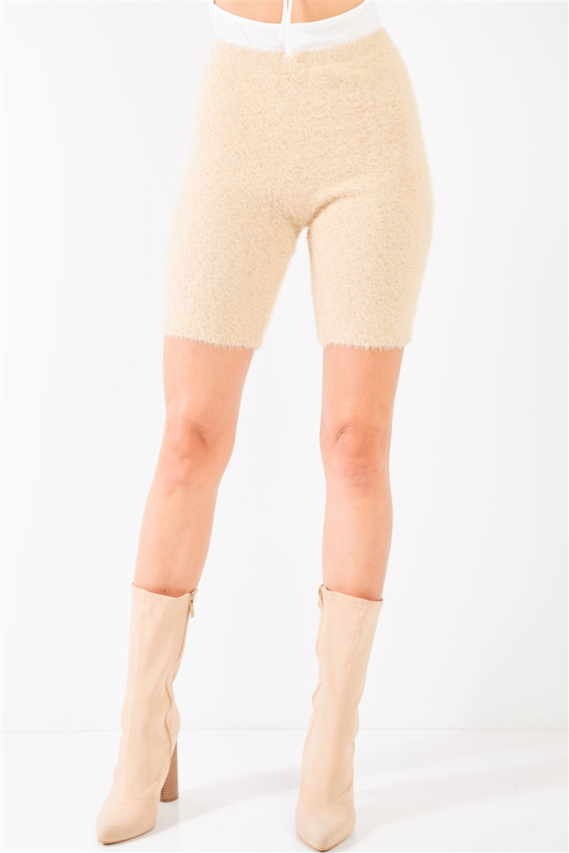 Oatmeal Beige Knit High Waist Stretchy Warm Fuzzy Biker Shorts Look Up Deals