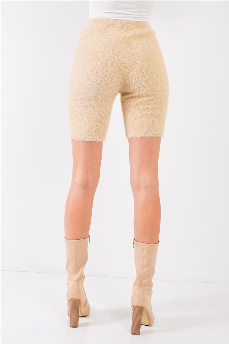 Oatmeal Beige Knit High Waist Stretchy Warm Fuzzy Biker Shorts Look Up Deals