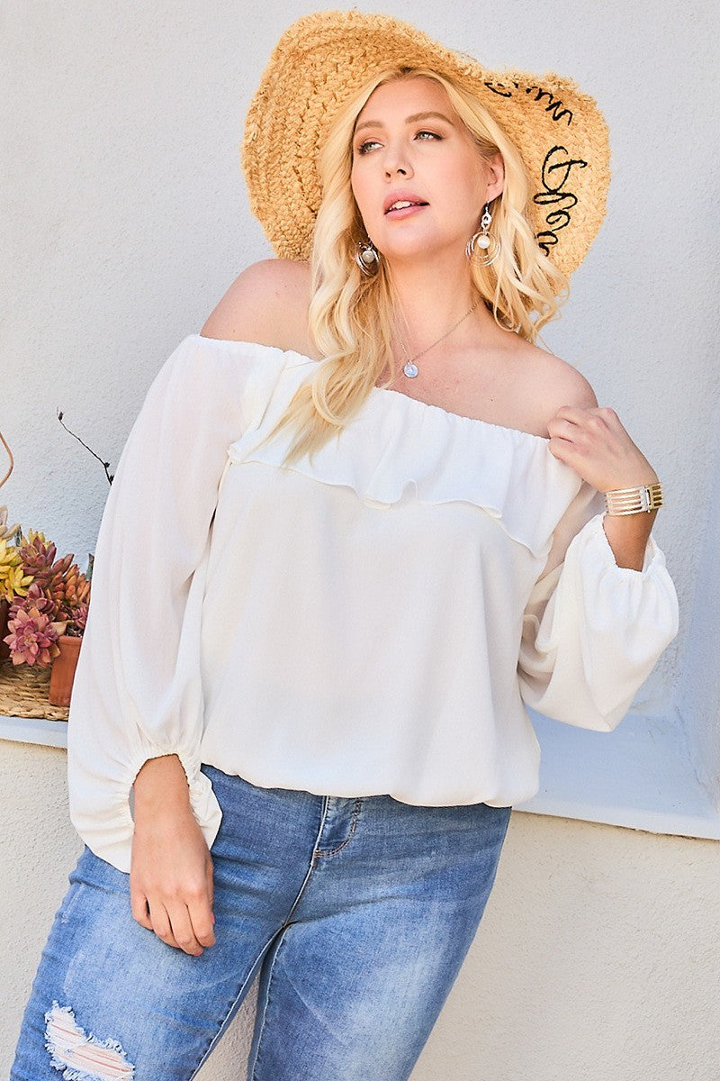 Off Shoulder Ruffle Bubble Sleeve Top Look Up Deals