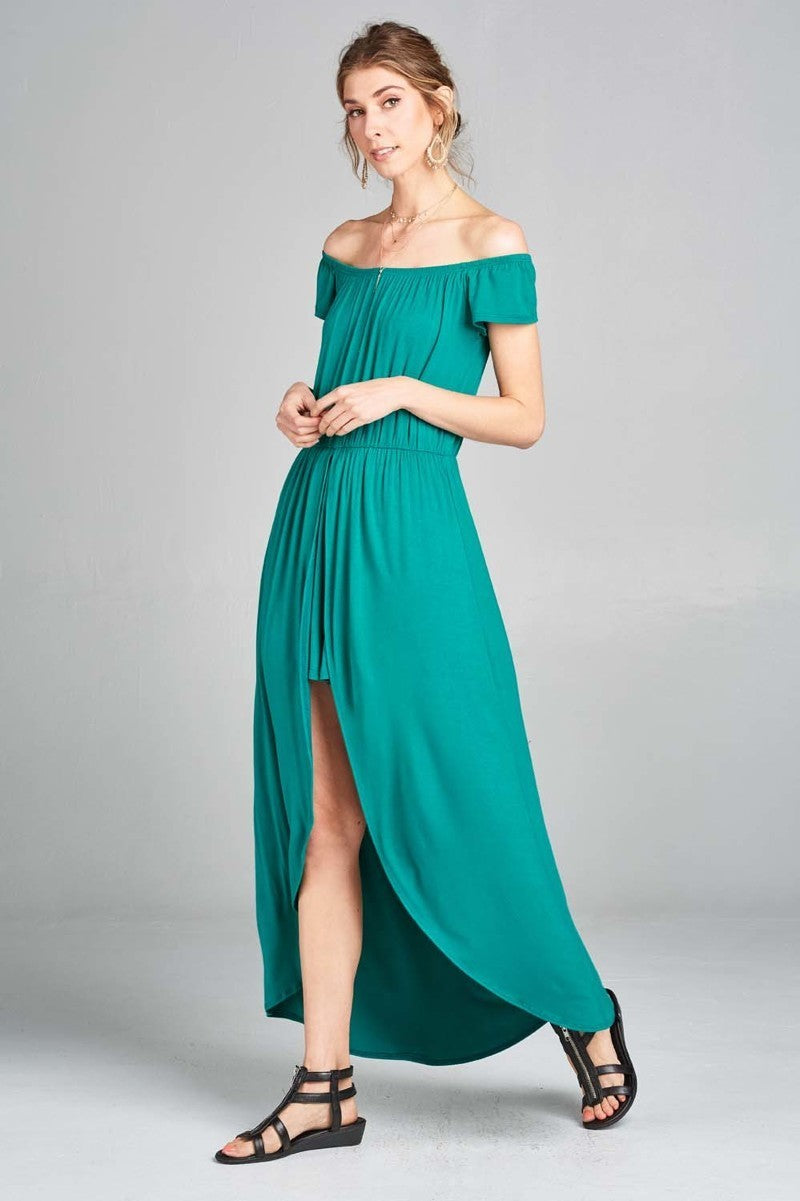 Off Shoulder Solid Jersey Romper Maxi Look Up Deals