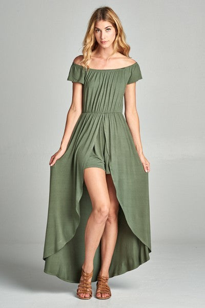 Off Shoulder Solid Jersey Romper Maxi Look Up Deals