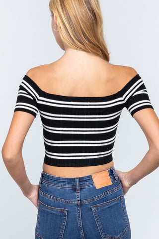 Off Shoulder Stripe Rib Sweater Top Look Up Deals