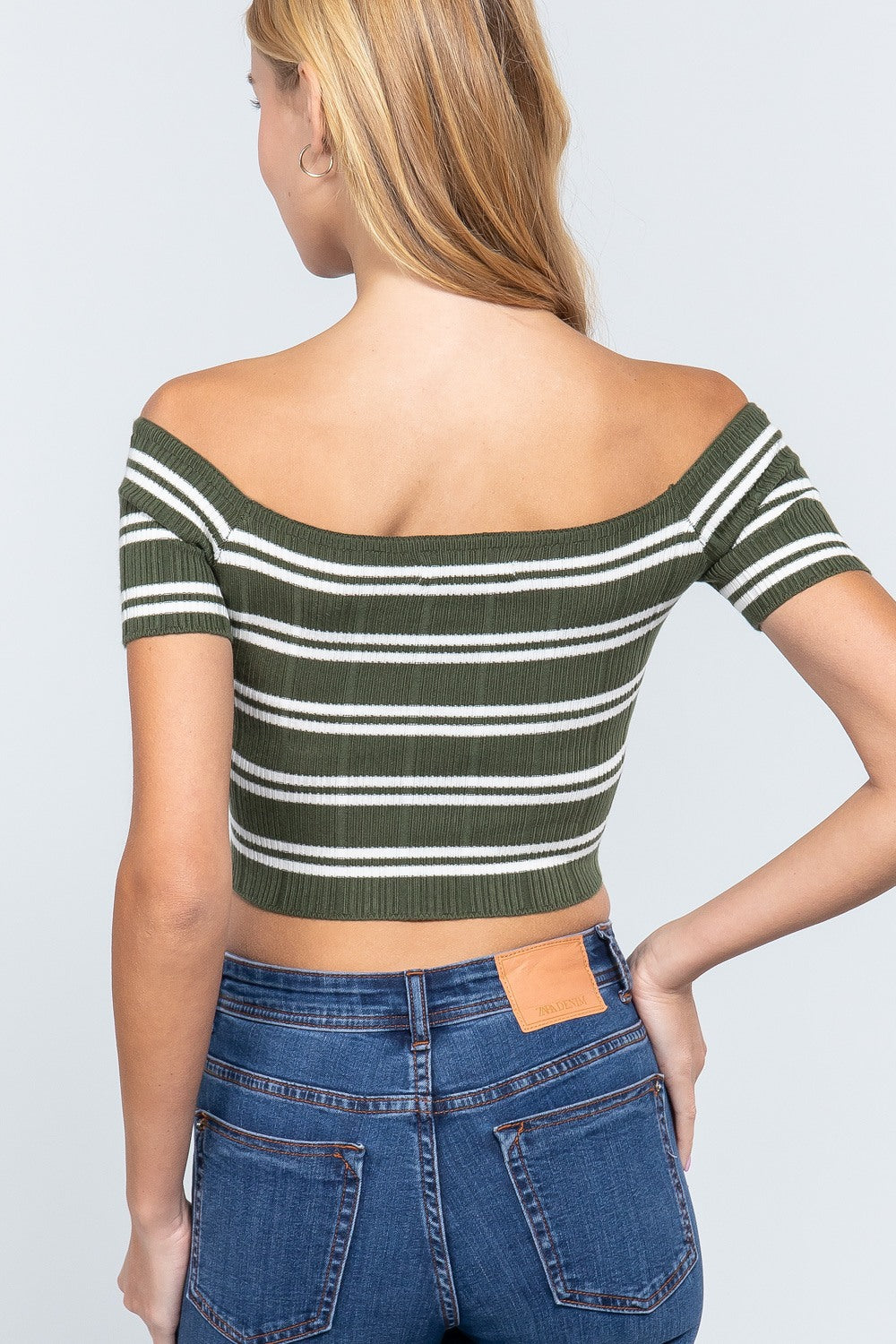 Off Shoulder Stripe Rib Sweater Top Look Up Deals