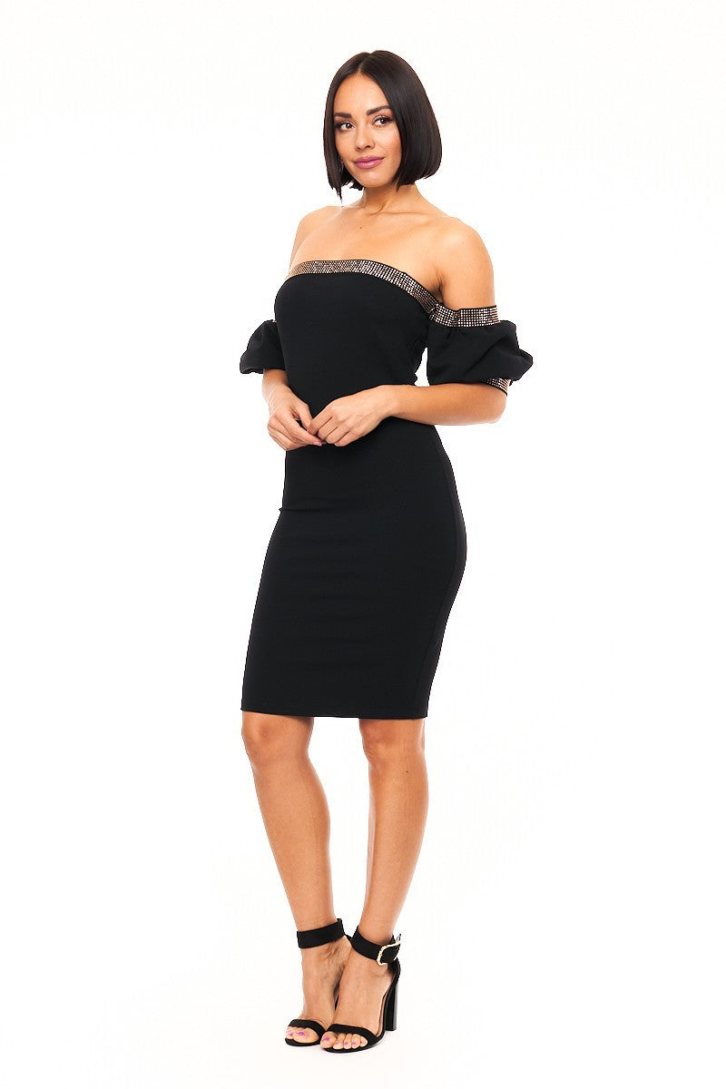 Off shoulder studded band detailed fashion dress Look Up Deals