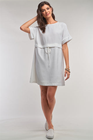 Off-white Short Sleeve Relaxed Fit Draw String Tie Waist Detail Mini Dress Look Up Deals