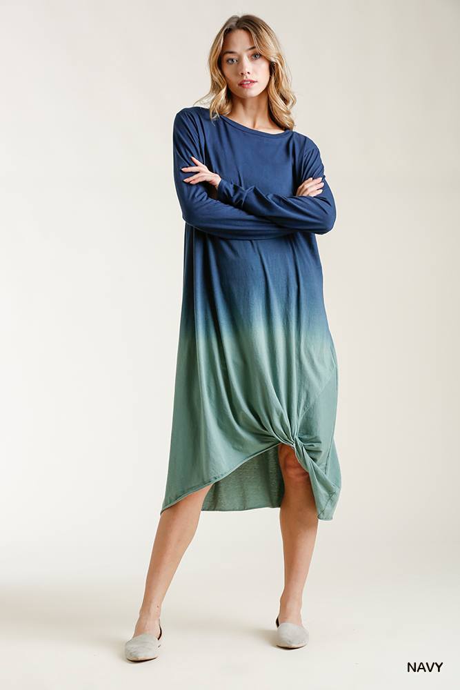 Ombre Front Knot Detail Long Sleeve Maxi Dress With Raw Hem Look Up Deals