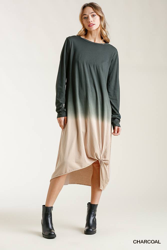 Ombre Front Knot Detail Long Sleeve Maxi Dress With Raw Hem Look Up Deals