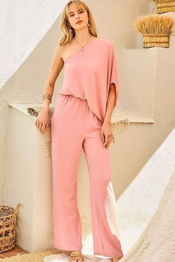 One Shoulder 3/4 Sleeve Unbalanced Waist Elastic Solid Pants Jumpsuit Look Up Deals