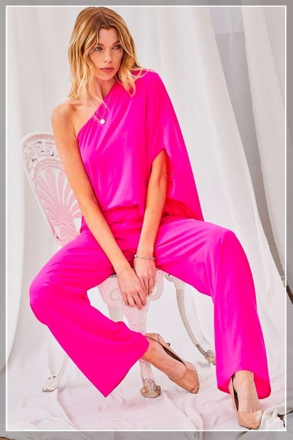 One Shoulder 3/4 Sleeve Unbalanced Waist Elastic Solid Pants Jumpsuit Look Up Deals