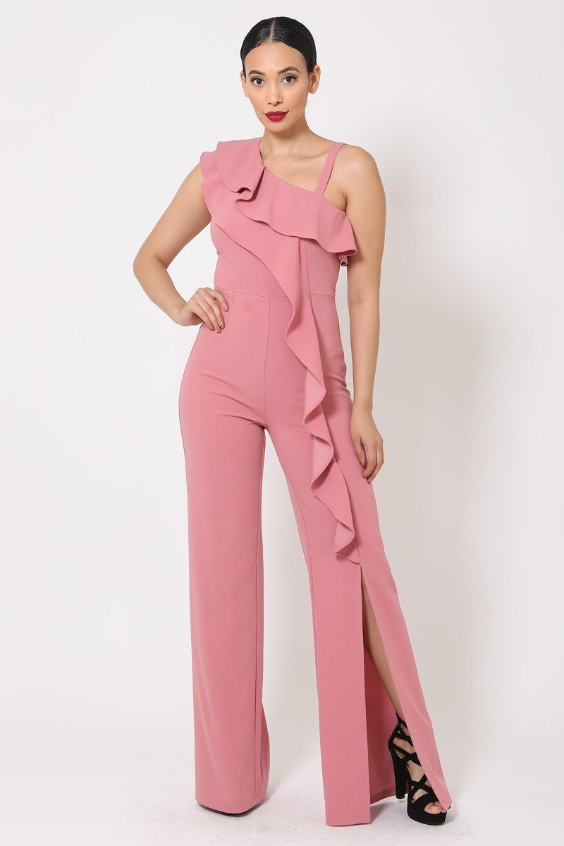 One Shoulder Ruffle Jumpsuit Look Up Deals