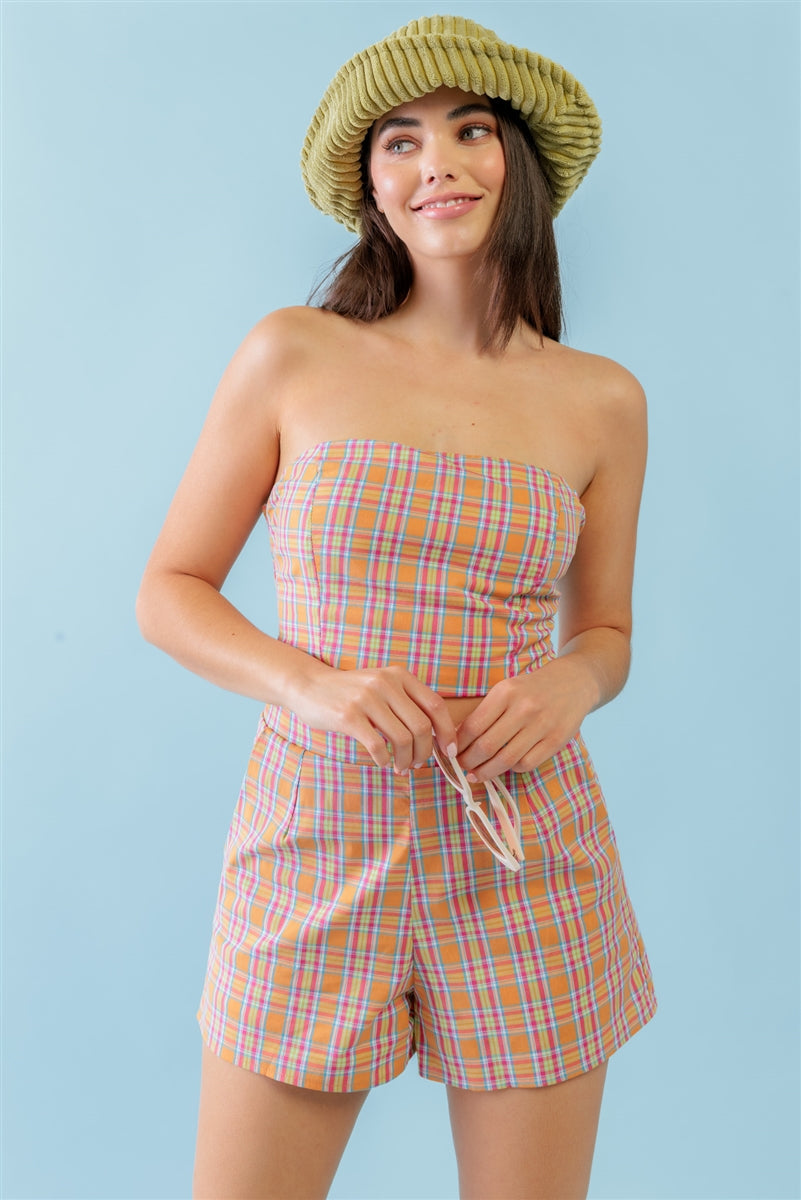 Orange & Aqua Plaid Print Cotton Strapless Crop Top & High Waist Two Pocket Shorts Set Look Up Deals