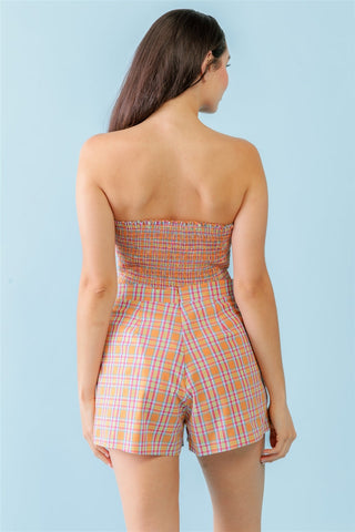 Orange & Aqua Plaid Print Cotton Strapless Crop Top & High Waist Two Pocket Shorts Set Look Up Deals