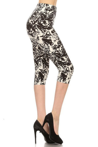 Paint Splatters Printed High Waisted Capri Leggings In A Fitted Style, With An Elastic Waistband Look Up Deals