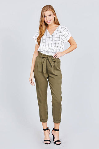 Paperbag W/bow Tie Elastic Hem Long Linen Pants Look Up Deals