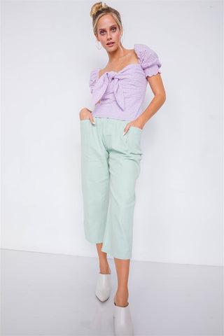 Pastel Chic Solid Ankle Wide Leg Adjustable Snap Waist Pants Look Up Deals