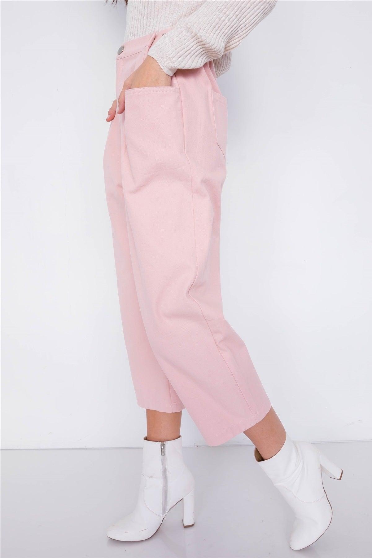 Pastel Chic Solid Ankle Wide Leg Adjustable Snap Waist Pants Look Up Deals