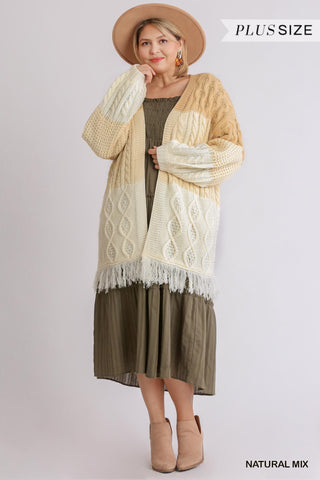 Patchwork Knitted Open Front Cardigan Sweater With Frayed Hem Look Up Deals