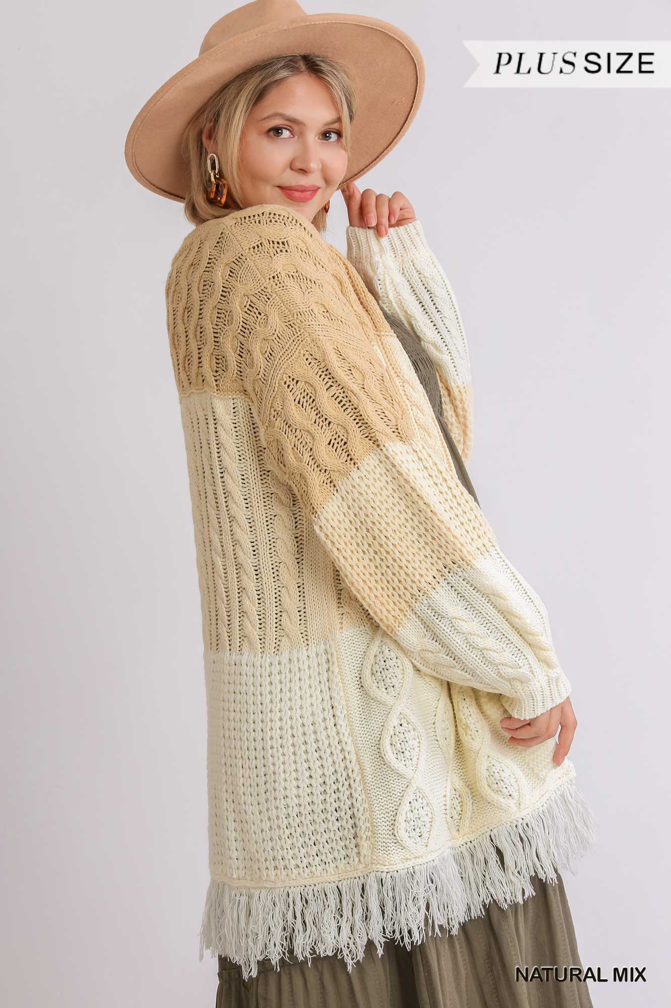 Patchwork Knitted Open Front Cardigan Sweater With Frayed Hem Look Up Deals