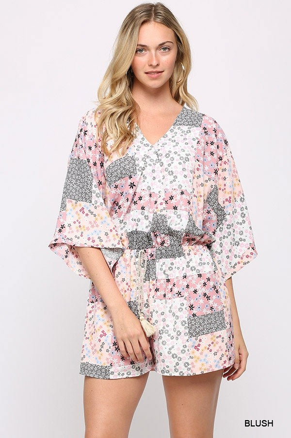 Patchwork Printed Surplice Romper With Waist Tassel Tie And Bottom Lining Look Up Deals