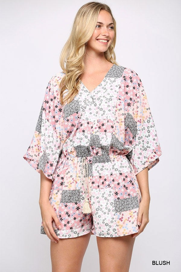 Patchwork Printed Surplice Romper With Waist Tassel Tie And Bottom Lining Look Up Deals