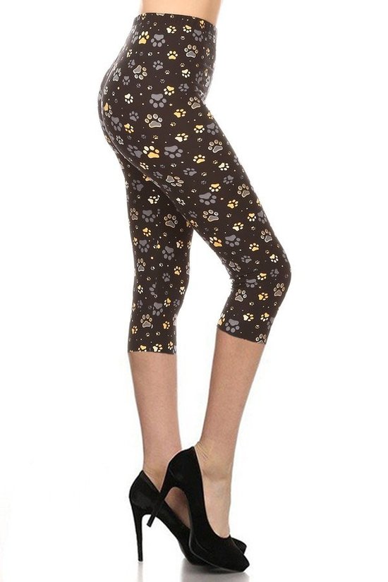 Paw Print, High Rise, Fitted Capri Leggings, With An Elastic Waistband Look Up Deals