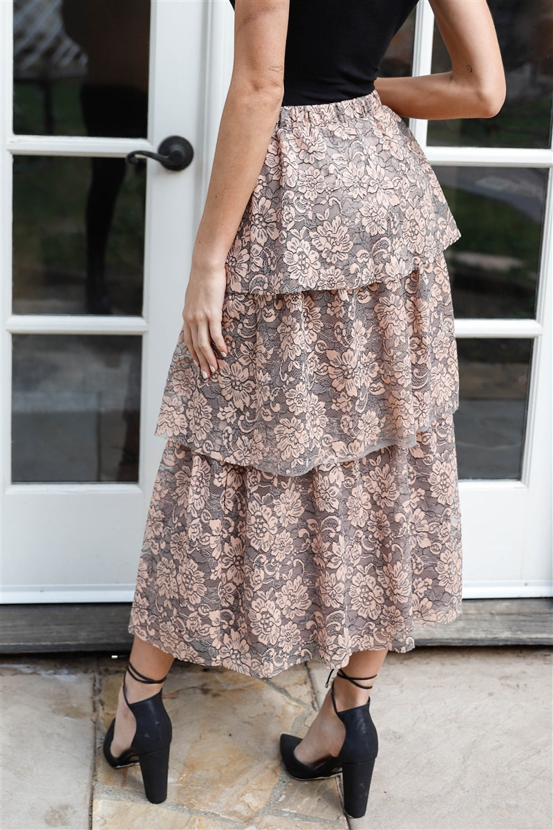 Peach & Grey Lace Layered Ruffled Midi Skirt Look Up Deals