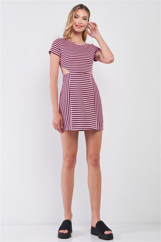 Pink & Black Striped Short Sleeve Cut-out Detail Tight Fit Mini Dress Look Up Deals