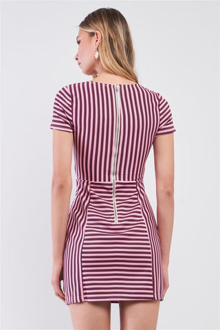 Pink & Black Striped Short Sleeve Cut-out Detail Tight Fit Mini Dress Look Up Deals