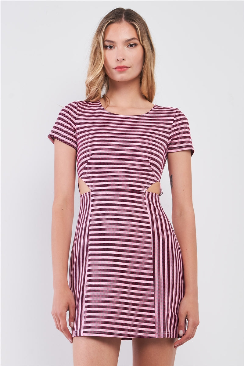 Pink & Black Striped Short Sleeve Cut-out Detail Tight Fit Mini Dress Look Up Deals