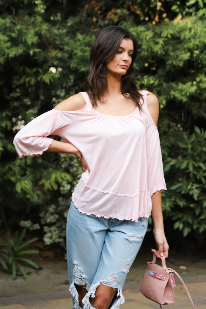 Pink Cold Shoulder Back Self-tie Detail Midi Sleeve Lettuce Edge Top Look Up Deals