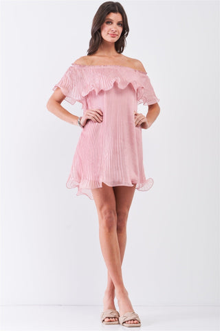 Pink Pleated Off-the-shoulder Double Layered Frill Trim Mini Dress Look Up Deals