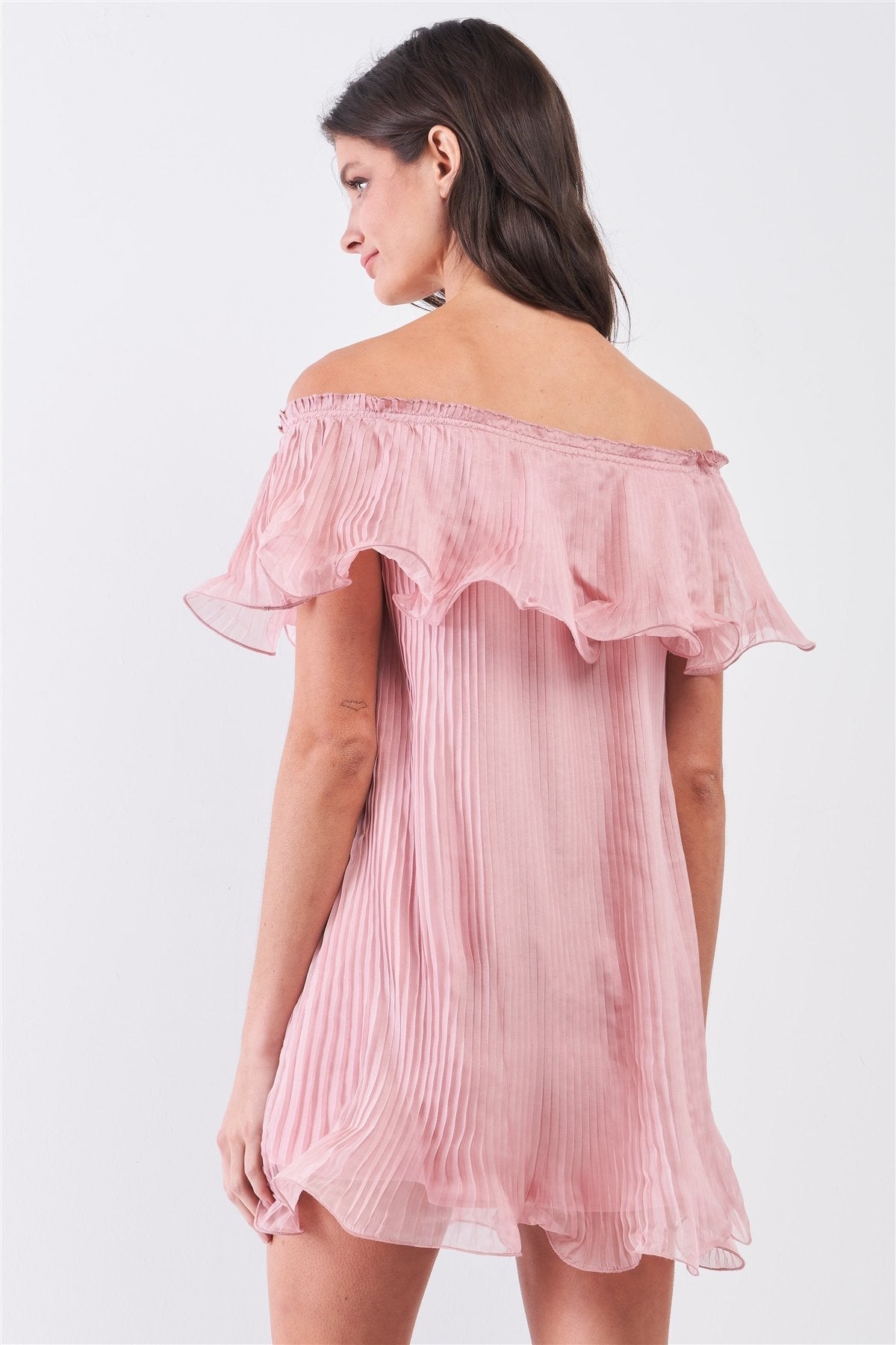 Pink Pleated Off-the-shoulder Double Layered Frill Trim Mini Dress Look Up Deals