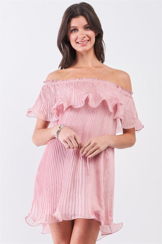 Pink Pleated Off-the-shoulder Double Layered Frill Trim Mini Dress Look Up Deals