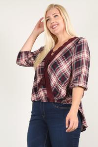 Plaid 3/4 Sleeve Top With Hi-lo Hem, V-neckline, And Relaxed Fit Look Up Deals