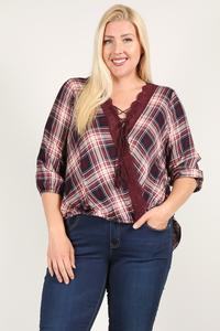 Plaid 3/4 Sleeve Top With Hi-lo Hem, V-neckline, And Relaxed Fit Look Up Deals