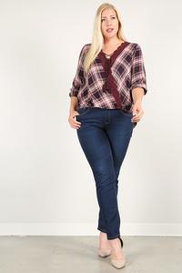 Plaid 3/4 Sleeve Top With Hi-lo Hem, V-neckline, And Relaxed Fit Look Up Deals