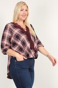 Plaid 3/4 Sleeve Top With Hi-lo Hem, V-neckline, And Relaxed Fit Look Up Deals