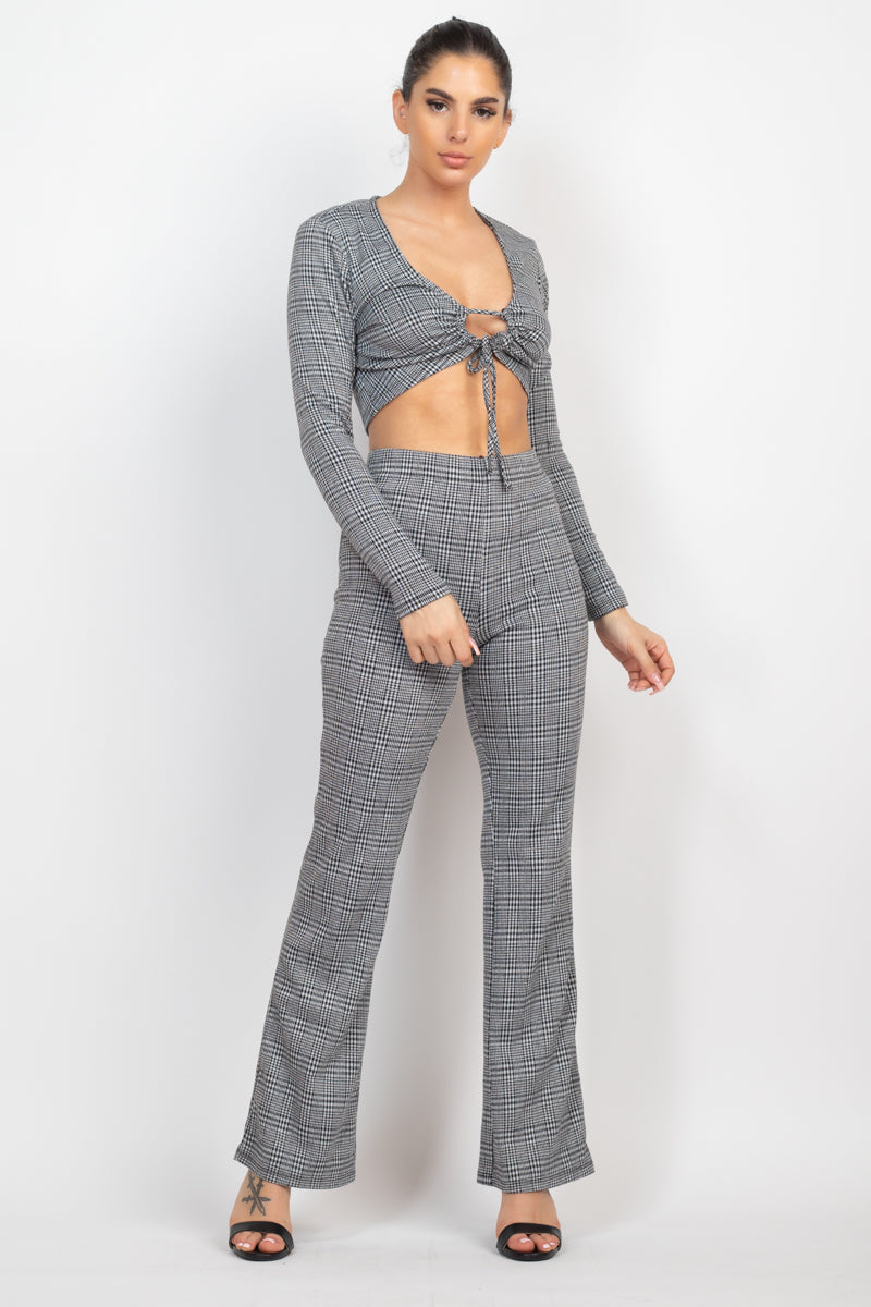 Plaid Cut-out Long Sleeve Top & Pants Set Look Up Deals