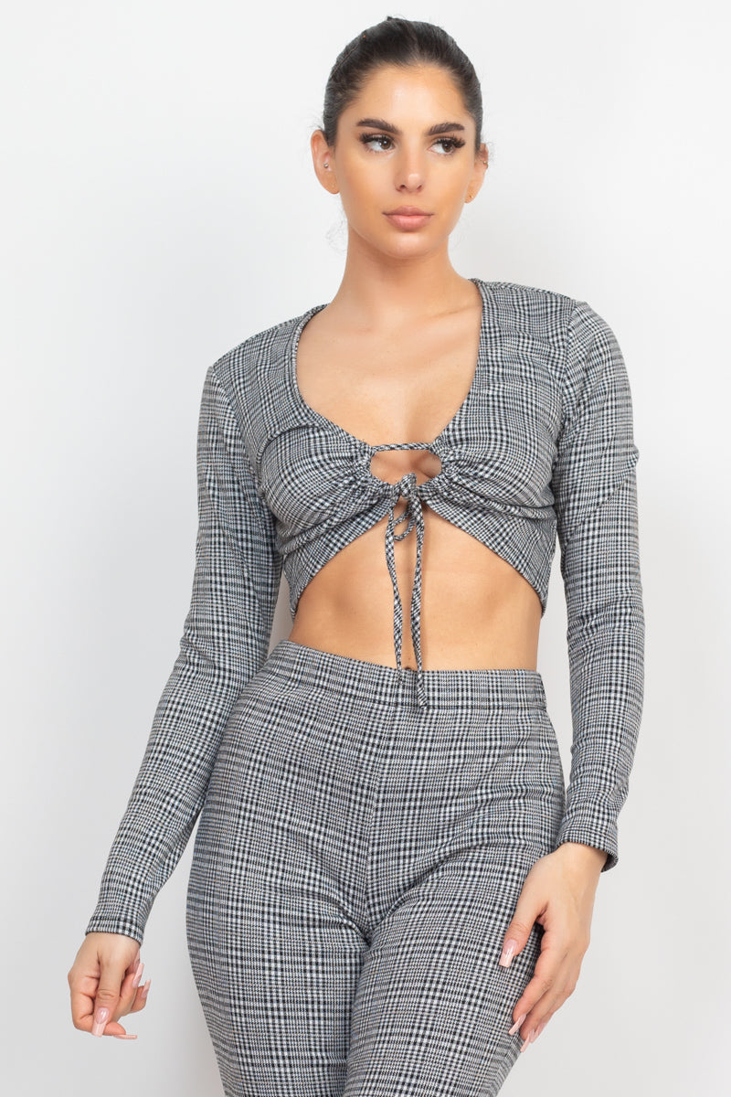 Plaid Cut-out Long Sleeve Top & Pants Set Look Up Deals